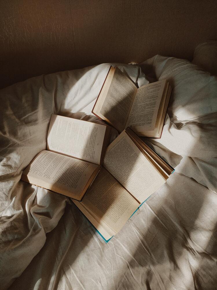 https://www.pexels.com/photo/opened-books-placed-on-disheveled-bed-5425686/